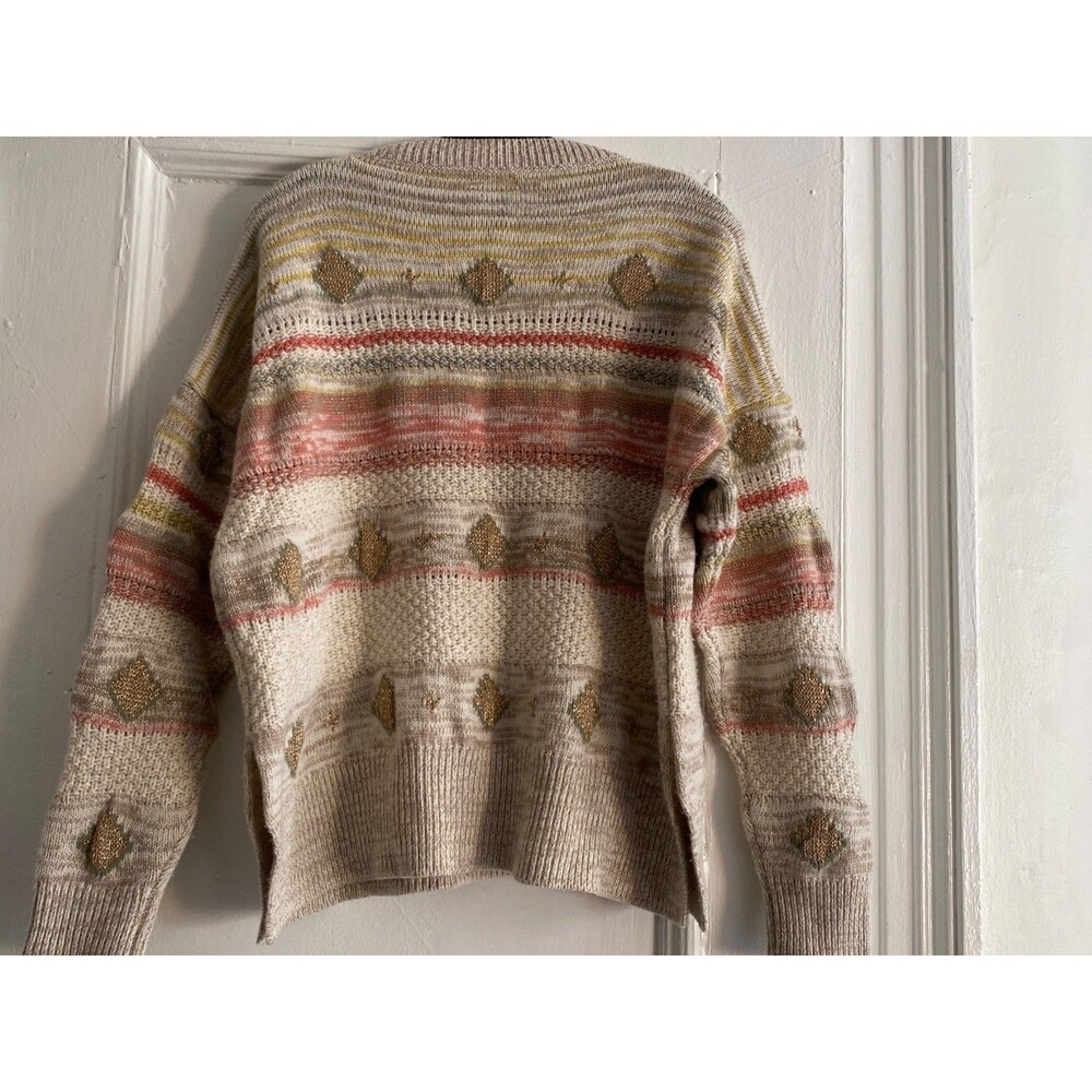 Etro Milano Textured Knit Sweater Gold Diamond Stripe Crew Boho Cottagecore Sz42 - Picture 3 of 12